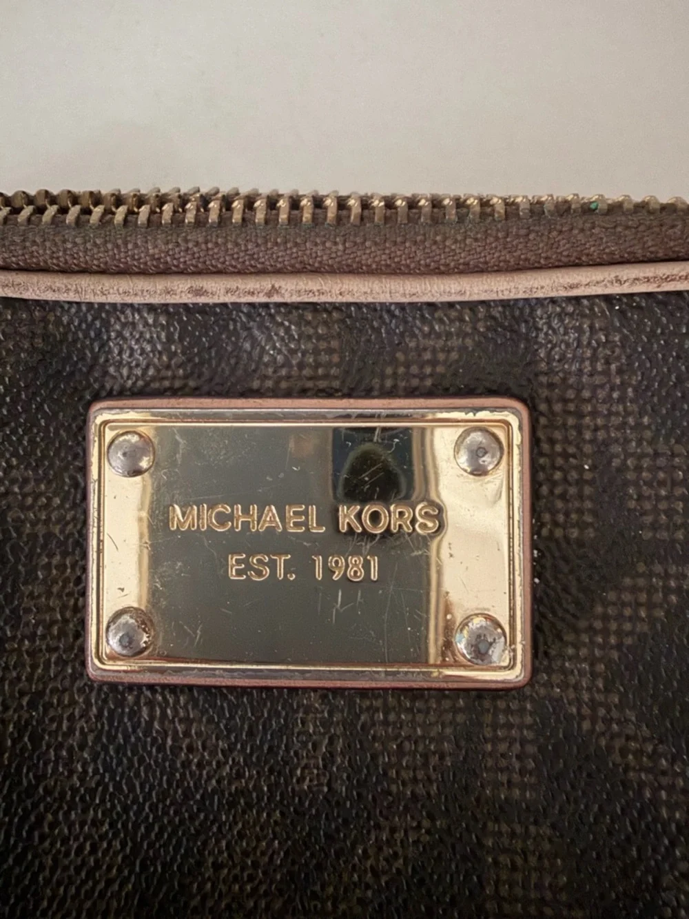 Michael Kors Brown MK Logo Wristlet with Gold Plate